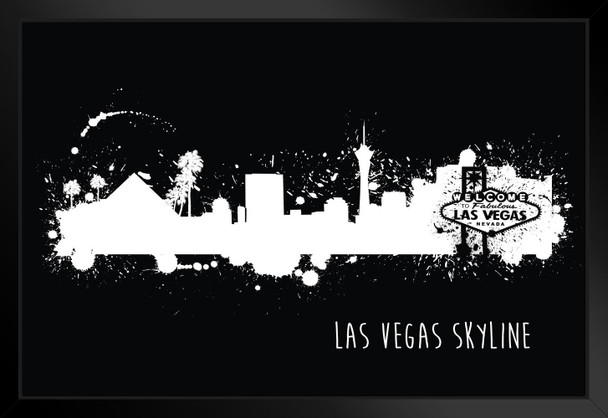 Las Vegas Nevada Skyline Watercolor Black and White Art Print Black Wood Framed Poster 20x14