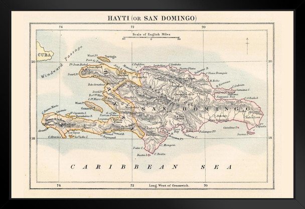 Haiti And Dominican Republic Antique Map Poster 1883 Historical San Domingo Near Cuba Geography Cartography Chart Black Wood Framed Art Poster 20x14