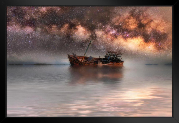 Milky Way Galaxy in Sky Above Old Shipwreck Photo Art Print Black Wood Framed Poster 20x14