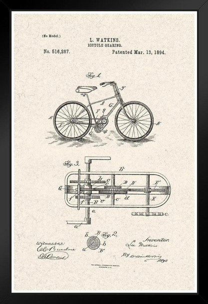 Bicycle Gearing Official Patent Diagram Black Wood Framed Poster 14x20