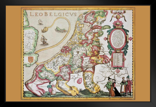 Leo Belgicus Netherlands Luxembourg Belgium Northern France Antique Style Map Black Wood Framed Poster 20x14