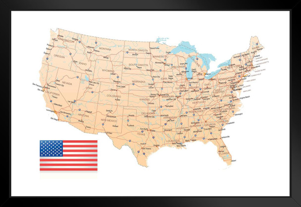 United States USA Decorative Highway Map with Flag US Map with Cities in Detail Map Posters for Wall Map Art Wall Decor Country Illustration Tourist Destinations Black Wood Framed Art Poster 20x14