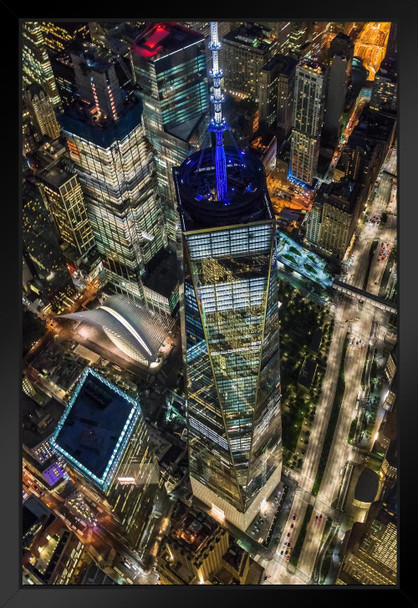 World Trade Center Illuminated Aerial View NYC Photo Art Print Black Wood Framed Poster 14x20