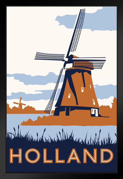 Vintage Holland Travel Netherlands Europe Windmill Illustration Tourism Tourist Ad Visit Scandinavia Black Wood Framed Art Poster 14x20