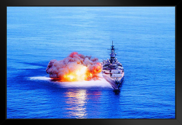 Battleship USS Iowa BB61 Firing Guns Warship At Sea Ocean Destroyer Photo Photograph Black Wood Framed Art Poster 20x14
