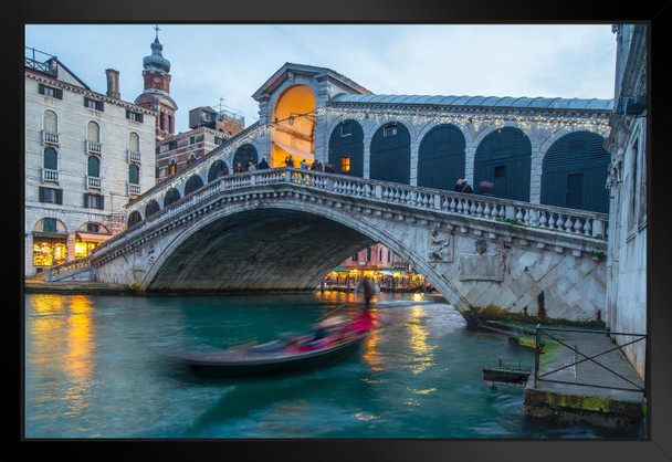 Rialto Bridge with Passing Gondola Venice Italy Photo Art Print Black Wood Framed Poster 20x14