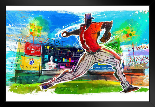 Baseball Player Throwing Ball In Stadium Illustration Art Print Black Wood Framed Poster 20x14