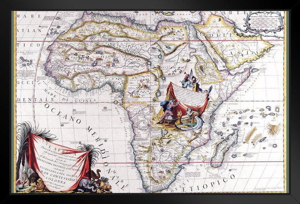 Antique Map Of Africa Ancient 1692 Africa Continent By Coronelli Italian Italy Venice Napoli Jungle Animals Arabian Figures Black Wood Framed Art Poster 14x20