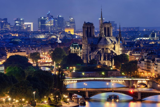 Paris Skyline with Notre Dame Cathedral at Night Photo Photograph Cool Wall Decor Art Print Poster 36x24