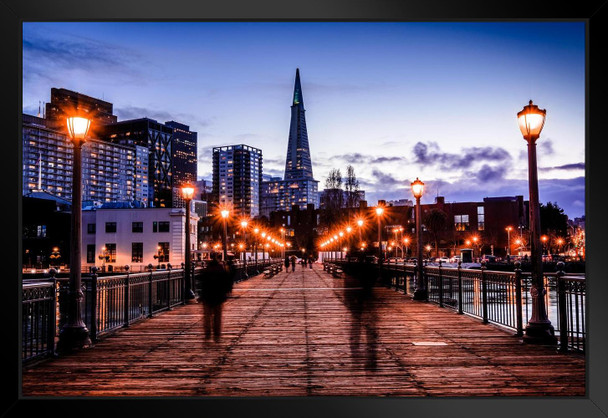 Pier 7 in San Francisco California at Night Photo Art Print Black Wood Framed Poster 20x14