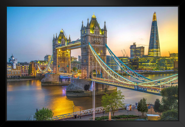 Tower Bridge and the Shard at Sunset London England UK Photo Art Print Black Wood Framed Poster 20x14