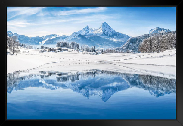 Winter Wonderland Alps Reflecting in Mountain Lake Photo Art Print Black Wood Framed Poster 20x14
