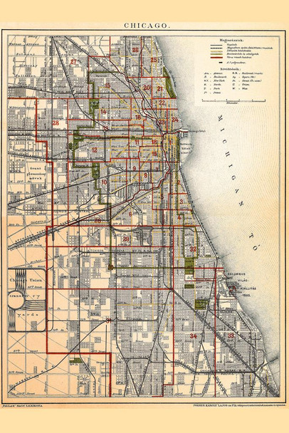City of Chicago Illinois Historic Antique Style Map Cool Huge Large Giant Poster Art 36x54