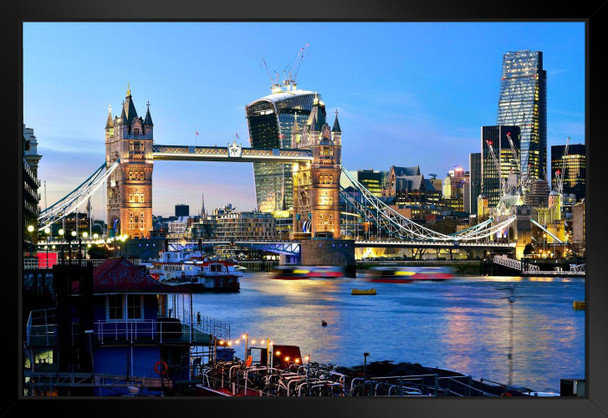 City of London Skyline Tower Bridge Thames River Photo Art Print Black Wood Framed Poster 20x14