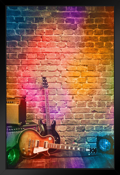 Colorful Spotlights on Brick Wall Music Stage with Instruments Photo Black Wood Framed Art Poster 14x20