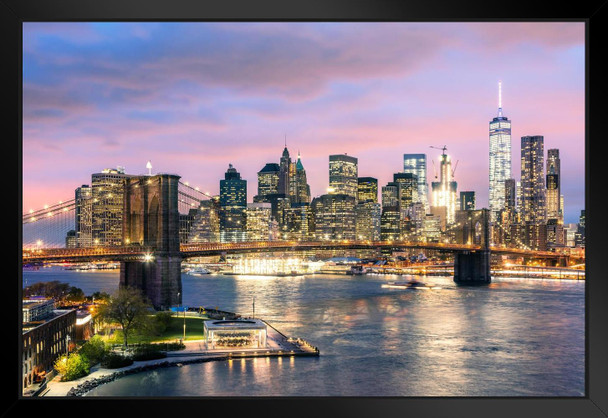 Brooklyn Bridge and New York City Skyline at Dusk Photo Art Print Black Wood Framed Poster 20x14