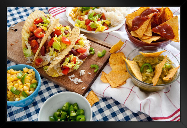 Tacos and Nacho Chips Blue Checkered Tablecloth Photo Art Print Black Wood Framed Poster 20x14