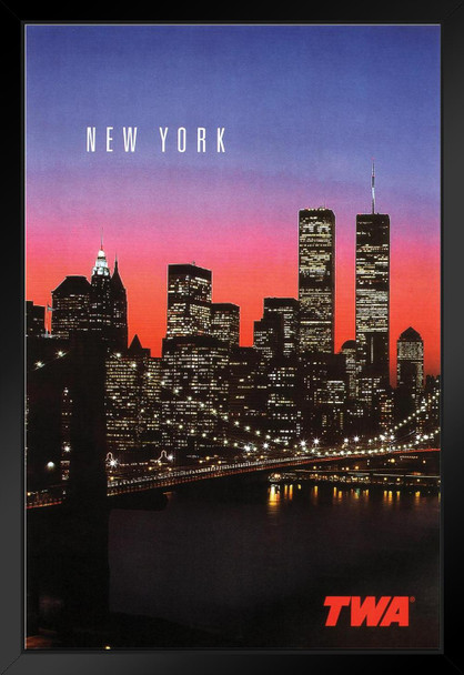 New York City Landscape TWA Airlines World Trade Center Brooklyn Bridge Vintage Travel Black Wood Framed Art Poster 14x20
