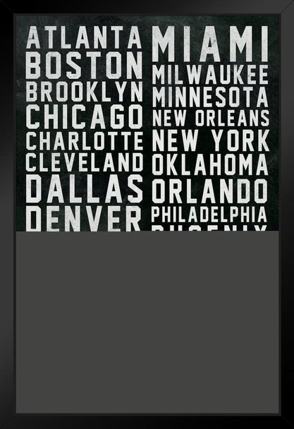 Sports Team Cities White Text Black Wood Framed Poster 14x20