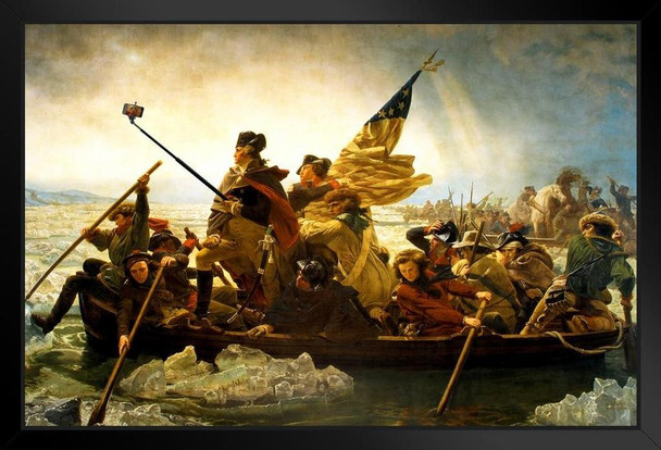 George Washington Crossing Delaware Selfie Funny Poster Taking Selfie Stick in Boat Art Humor Parody Black Wood Framed Art Poster 14x20