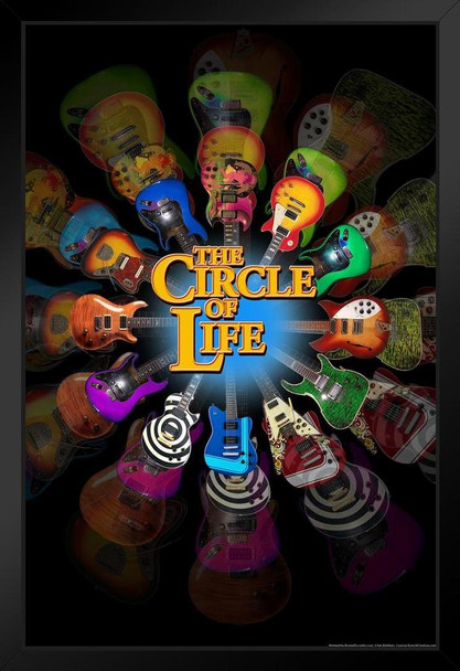 Circle of Life Electric Guitars Music Photo Collage Poster Colorful Rock Roll Band Stringed Instruments Black Wood Framed Art Poster 14x20