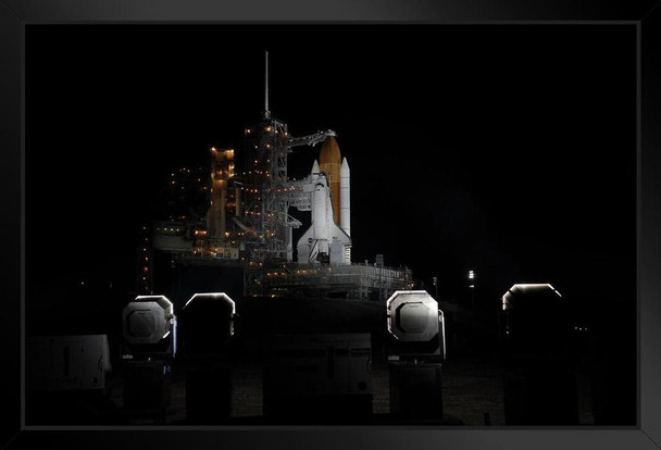 Space Shuttle Discovery Launch Pad Nighttime Orbiter Vehicle Spacecraft Photograph Black Wood Framed Poster 14x20