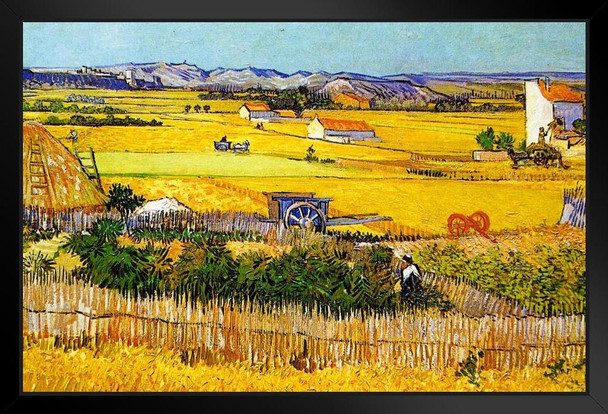 Vincent Van Gogh The Harvest or Harvest at La Crau Van Gogh Wall Art Impressionist Painting Style Nature Spring Flower Wall Decor Landscape Farm Poster Artwork Black Wood Framed Art Poster 20x14