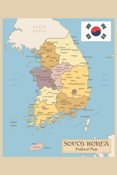 South Korea Vintage Political Map Poster Republic of Korea Provinces with Flag With North Korea Yellow Sea Of Japan Geography Map Cool Huge Large Giant Poster Art 36x54