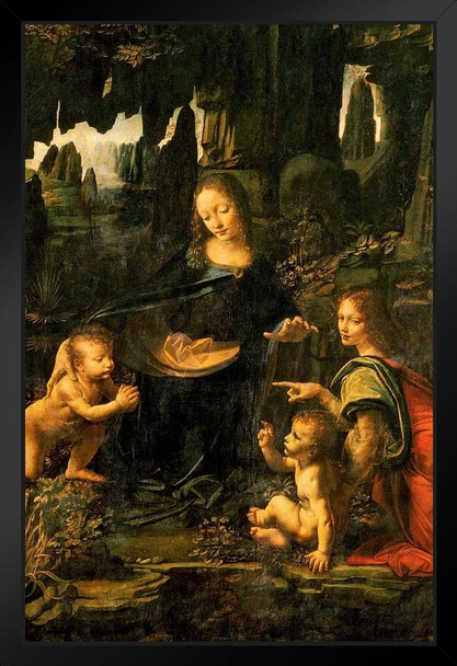 Leonardo Da Vinci Virgin of the Rocks Poster 1483 Madonna Of The Rocks Painting Oil On Panel Black Wood Framed Art Poster 14x20