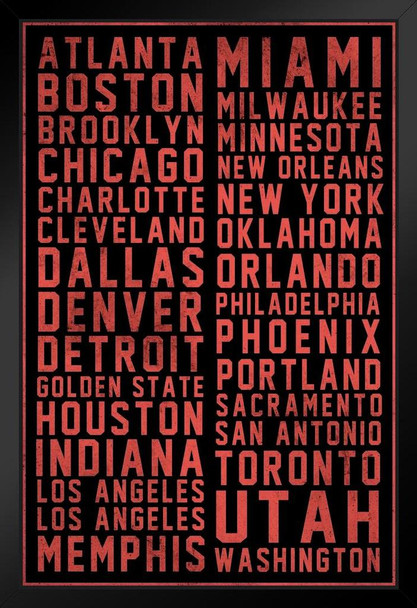 Sports Team Cities Red Text Black Wood Framed Poster 14x20