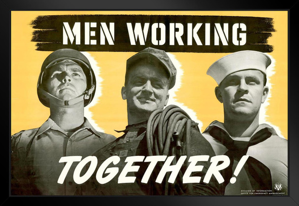 WPA War Propaganda Men Working Together Black Wood Framed Poster 20x14