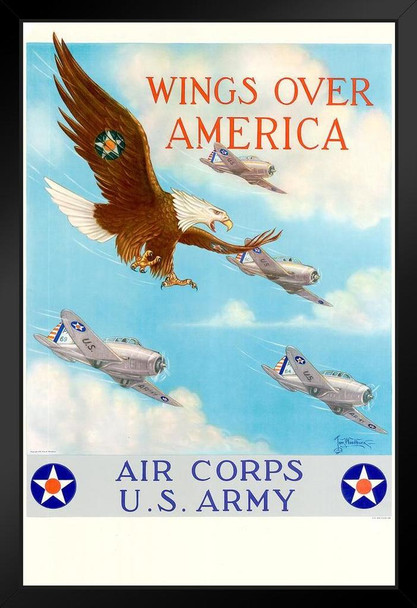 WPA War Propaganda Wings Over America Air Corps US Army Black Wood Framed Art Poster 14x20