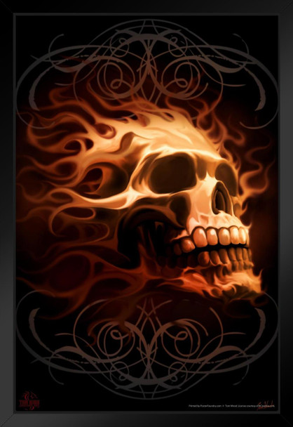 Flaming Skull Tom Wood Fantasy Horror Flames Head Poster Scary Ride Or Die Drawing Black Wood Framed Art Poster 14x20