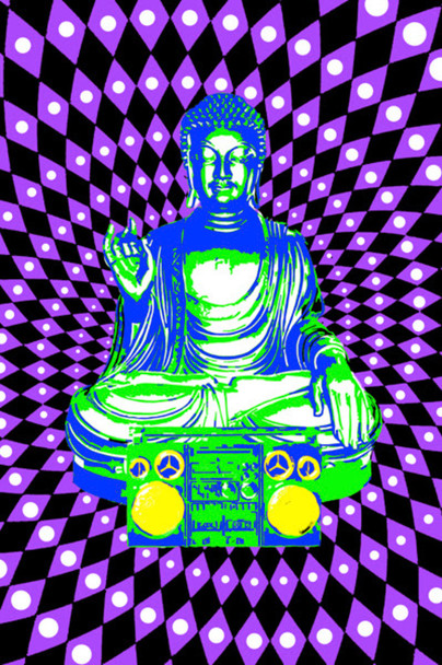 Steez Buddha Boombox Ghetto Blaster Fluorescent Ultraviolet Psychedelic UV Black Light Blacklight Poster 35x23 inch