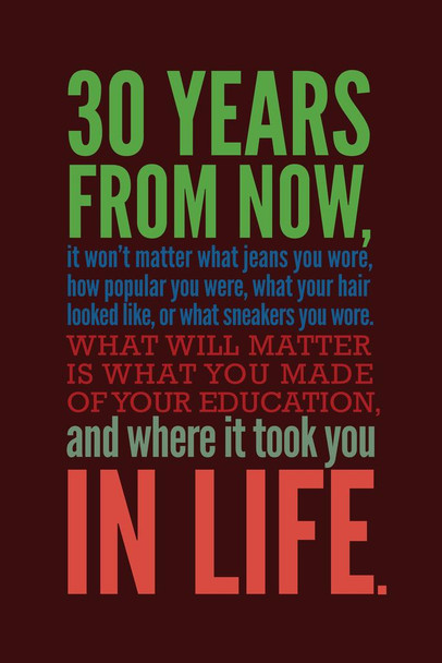 30 Years From Now Education Life Motivational Inspirational Maroon Bright Colorful Word Pop Art Educational Classroom Teacher Learning Homeschool Supplies Cool Wall Art Print Poster 24x36