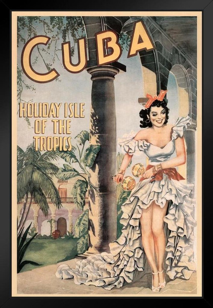 Cuba Holiday Isle Of The Tropics Vintage Travel Print Dancing Girl Maracas Art Black Wood Framed Poster 14x20