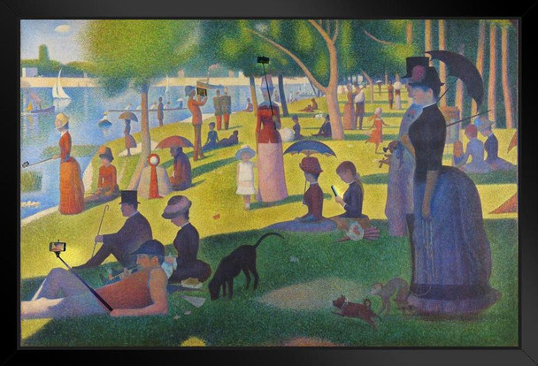 Funny Sunday Afternoon With Technology By Seurat Poster Modern Tech Selfies Stick Parody Painting Georges Seurat Black Wood Framed Art Poster 14x20