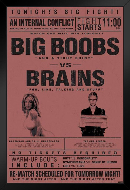 Big Boobs vs. Brains College Humor Black Wood Framed Poster 14x20