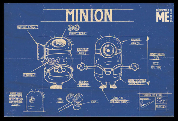 Minions Blueprint Schematics Despicable Me Comedy Film Movie Yellow Creatures Framed Poster - 36x24