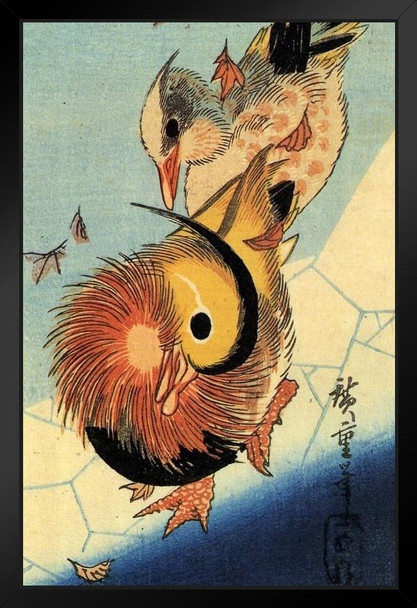 Utagawa Hiroshige Mandarin Duck On Frozen Pond Japanese Art Poster Traditional Japanese Wall Decor Hiroshige Woodblock Landscape Artwork Animal Nature Print Black Wood Framed Art Poster 14x20