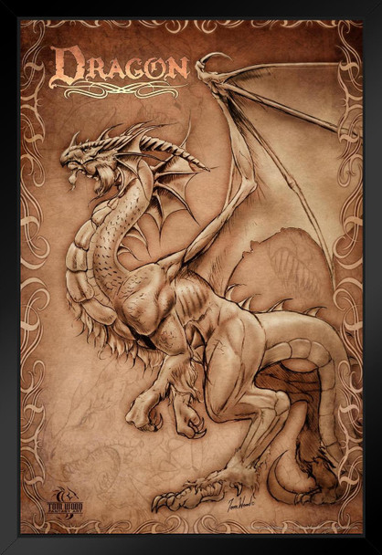 Dragon Parchment Tom Wood Fantasy Art Black Wood Framed Poster 14x20