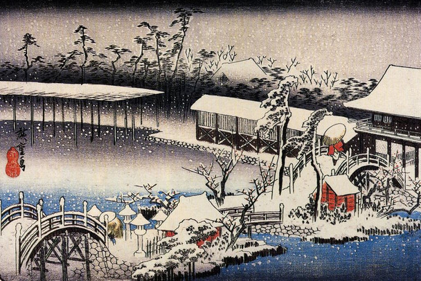 Utagawa Hiroshige The Precincts Of Tenman Shrine Kameido In Snow Cool Wall Art Print Poster 36x24