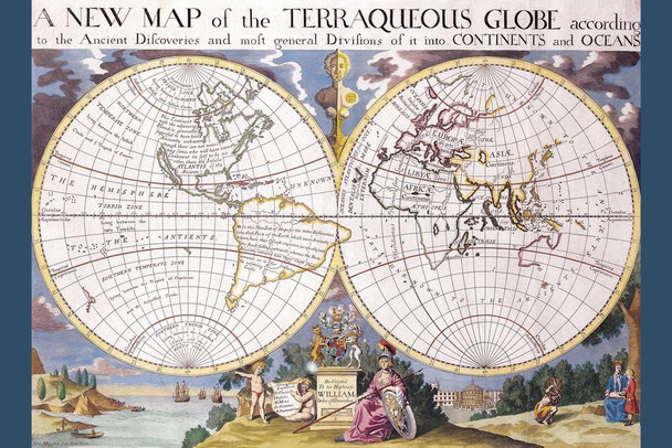 Wells Antique Wold Map of the Terraqueous Globe Dedicated To William Duke of Gloucester 1700s References Columbus Discovery Americas Circa Year 1490 Vintage Cool Huge Large Giant Poster Art 36x54