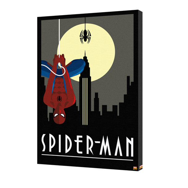 Spider-Man Art Deco Dark Skyline Moon Spider Hanging Retro Marvel Comics Stretched Canvas 24x36