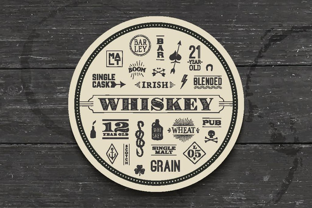 Types of Whiskey Coaster on Wooden Bar Photo Art Print Cool Huge Large Giant Poster Art 54x36