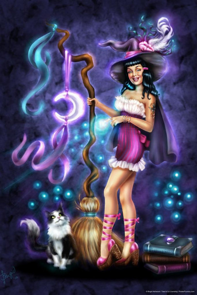 The Purrfect Spell by Brigid Ashwood Fantasy Art Wall Decor Nature Witch Illustration Magical Ornate Wall Art Flower Knot Pattern Spiritual Art Print Decorative Cool Huge Large Giant Poster Art 36x54