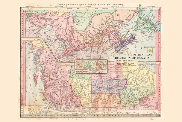 Dominion of Canada Eastern and Western Part 1886 Antique Style Map Cool Huge Large Giant Poster Art 54x36