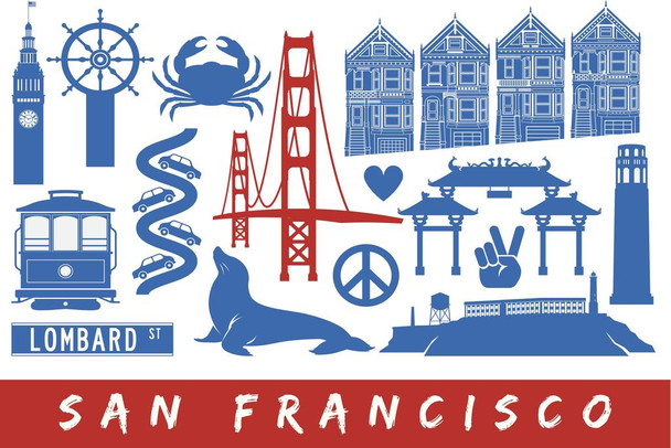 Icons of San Francisco California Golden Gate Bridge Art Print Cool Huge Large Giant Poster Art 54x36