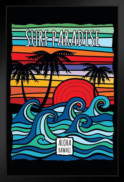 Surf Paradise Aloha Hawaii Vintage Travel Art Print Black Wood Framed Poster 14x20
