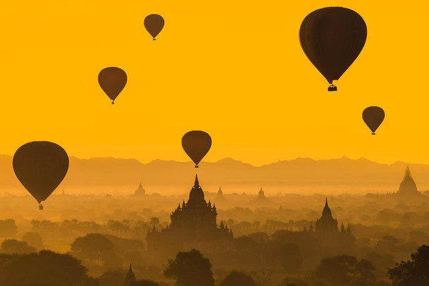 Balloons Flying Over Bagan Myanmar at Dawn Photo Art Print Cool Huge Large Giant Poster Art 54x36